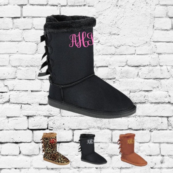 Custom Monogrammed Boots Women's Classic Black Tan or Leopard Bailey Bow Suede Fur Liner Initials Bootie