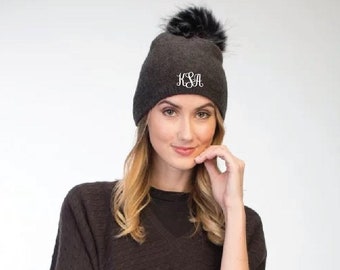 Monogram Pom Pom Beanies Knit Hats Fur Pom and Soft Knit Hat Fun Initial Hats