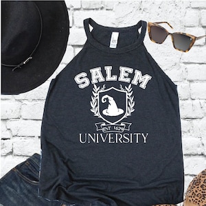 Salem University Witch Tank Top Halloween Shirt Women&#39;s High Neck Cut Graphic Tee
