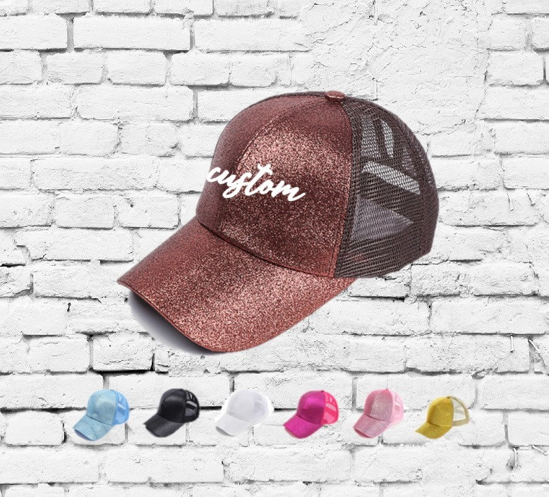 Custom Glitter Trucker Hats Solid Glitter Front Hat Cap Mesh Back Ponytail Cap Your Custom Text or Logo