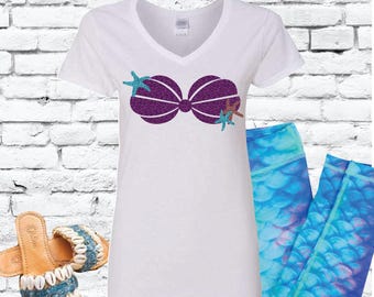 Mermaid Top Sea Shell Bra Print Custom Women's V-Neck T-shirt Shirt Tee Personalized Relaxed Fit Tee