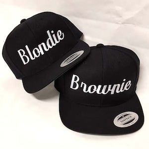 Blondie and Brownie Snapback Hats Cursive Lettering Blonde and Brunette Hats Best Friend Snapbacks Flatbill Hats