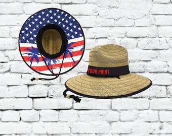 Custom Embroidered Straw Sun Hats Lifeguard Palm Tree American Flag Underbrim Print Hat