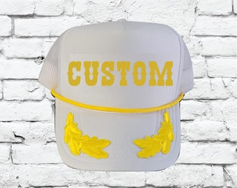 Benutzerdefinierte Trucker Hats Nautical Weiß Gelb Kapitän Hut Yacht Sailor Eichenblätter Anfertigen Personalisieren Sailor Einstellbare Snapback Mesh Hat