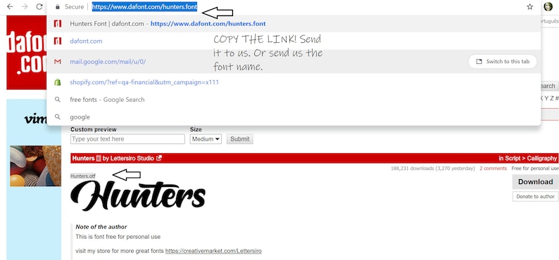 May include: Screenshot of a web page showing the font "Hunters" by Lettersiro Studio. The font is available for free download on the website dafont.com. The website also includes a custom preview feature where users can type their own text to see how the font looks.