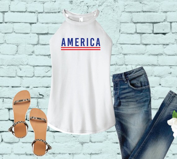 America 4th of July Tank Top, American Shirt, Women's High Neck Cut Graphic Tank Tops, DT137L