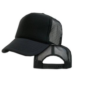 May include: A black trucker hat with a mesh back. The front of the hat is solid black, while the back is made of a black mesh material.