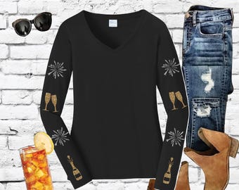 New Years Sleeves Shirt Ladies Long Sleeve Cute Xmas V-Neck Tee with Relaxed Fit Sleeves Jersey Knit Top
