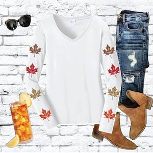 Fall Leaves Sleeves Shirt Ladies Long Sleeve V-Neck Tee with Relaxed Fit Sleeves Jersey Knit Top