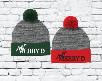 Just Married Christmas Just Merry'd Pom Pom Beanies Red and Green Newly Weds Honeymoon Knit Hats