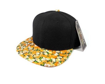 Bordado personalizado Floral Snapback Naranja Amarillo Daisy Brim Sombrero Negro Custom Snapback