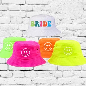 Bride and Tribe Smiley Bucket Hats Bridal Party Hats Neon Retro Bachlorette Wedding Marry Married