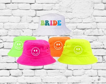 Braut und Stamm Smiley Bucket Hats Braut Party Hüte Neon Retro Bachlorette Hochzeit Heiraten Verheiratet