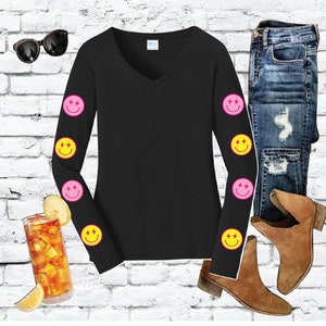 Lightning Bolt Smiley Face Sleeves Shirt Ladies Long Sleeve V-Neck Tee with Relaxed Fit Jersey Knit Top