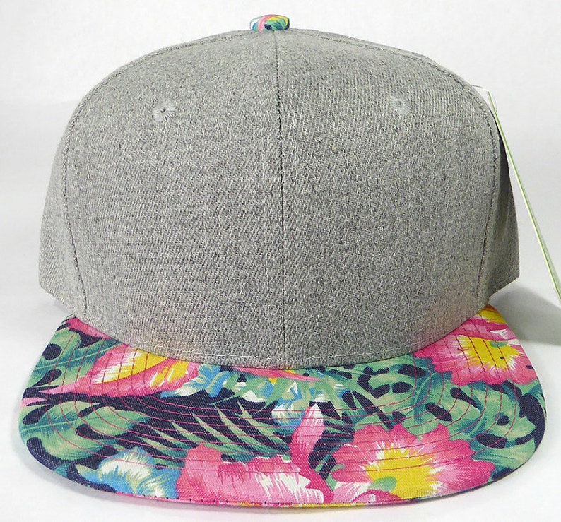 Custom Embroidery Heather Grey Floral Snapback Navy Brim Hawaiian Hibiscus Hat Adjustable Cap Flowers image 2