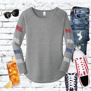 American Flags Down Sleeves, Women&#39;s Long Sleeve Shirt, 4th of July T-shirt, Custom Shirt, Red White and Blue Tunic Top, DT132L