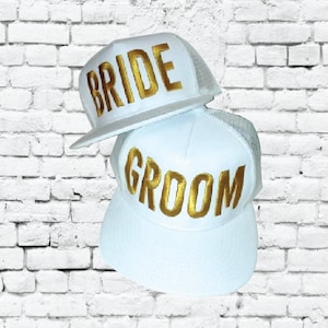 Bride and Groom White or Black Trucker Hat Snapback Flat Brim Solid Hat with Mesh Back Snapback