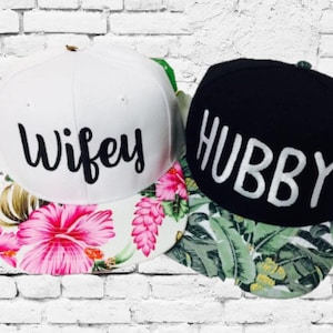 Wifey and Hubby  Hats Couples Snapbacks Black and Floral Hats Couple Hats Honeymoon Hats