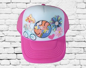Kies Happy Patch Trucker Hat Mesh Back Hat Snapback Beach Smiley Face