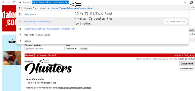 Op de afbeelding: Schermafbeelding van een webpagina die het lettertype "Hunters" van Lettersiro Studio laat zien. Het lettertype is gratis te downloaden op de website dafont.com. De website biedt ook een aangepaste preview-functie, waar gebruikers hun eigen tekst kunnen typen om te zien hoe het lettertype eruitziet.