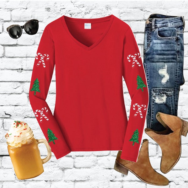 Christmas Candy Canes Sleeves Shirt Ladies Long Sleeve Cute Xmas V-Neck Tee with Relaxed Fit Sleeves Jersey Knit Top