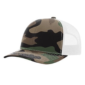 Custom Embroidery Trucker Hat Olive Green Camo and White Richardson 112 Trucker Your Custom Print Mesh Back Trucker Hat