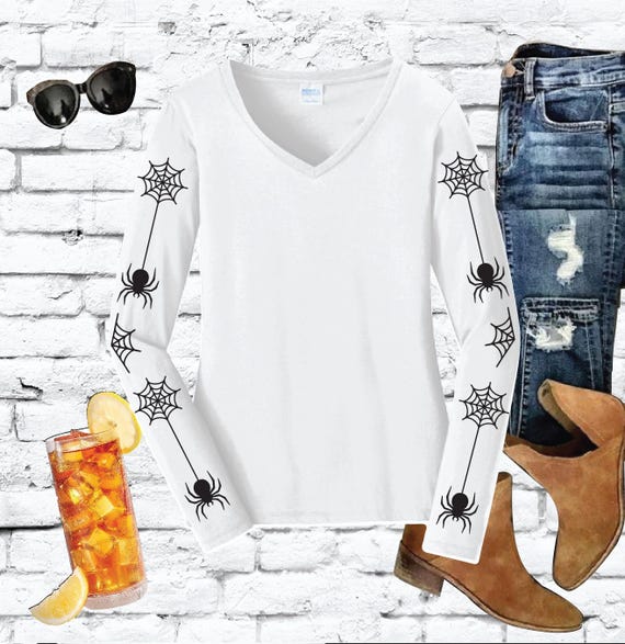 Spider Web Sleeves Shirt Ladies Long Sleeve Cute Halloween V