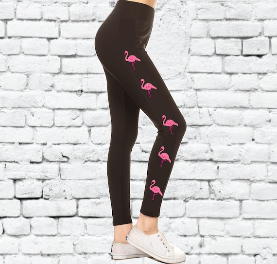 Flamingo Down the Legs Leggings Full Leg Length Pants Black Legging Womens  Tights Retail Fit 