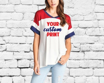 Custom Short Sleeve Shirt, Personalized Oversize Raglan, Red White and Blue Baseball Tee, Fourth of July Independence Day