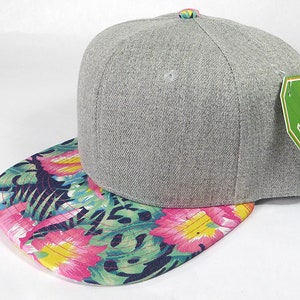 Custom Embroidery Heather Grey Floral Snapback Navy Brim Hawaiian Hibiscus Hat Adjustable Cap Flowers