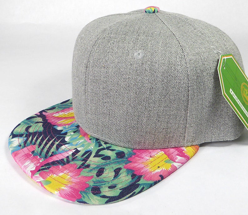 Custom Embroidery Heather Grey Floral Snapback Navy Brim Hawaiian Hibiscus Hat Adjustable Cap Flowers image 1