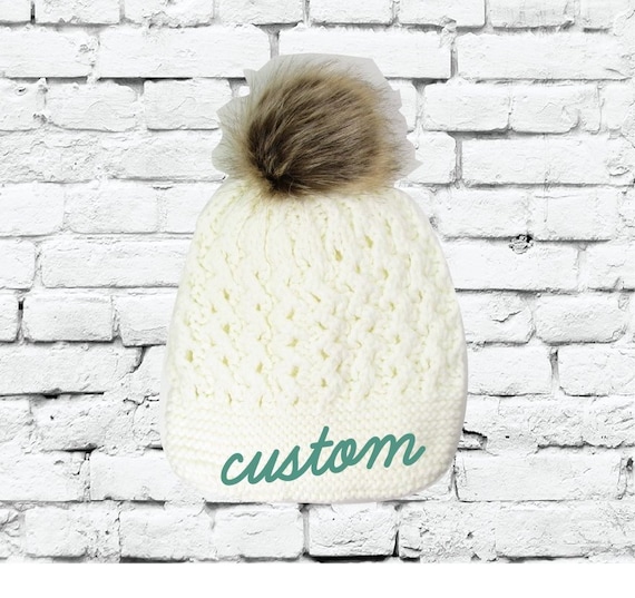 Custom Pom Pom Beanies White Small Cable and Brioche Knit  display picture 3