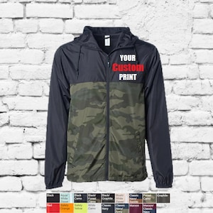 Custom Color Block Lightweight Windbreaker Jacket Camo and Black Custom Logo Full Front Zipper and Pockets Competitive Professional Look