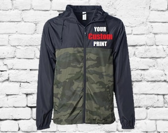 Custom Color Block Lightweight Windbreaker Jacket Camo and Black Custom Logo Full Front Zipper and Pockets Competitive Professional Look