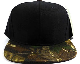 Custom Embroidery Camo Oak Trees Snapback Camoflauge Brim Black Hat Snapback Black Cap