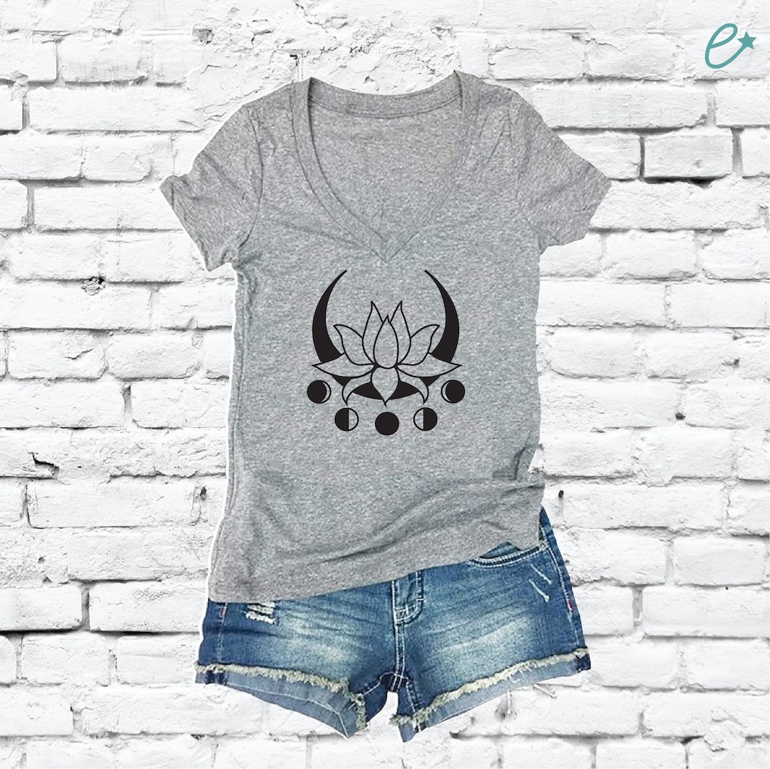Lotus Moon Phases T-shirt Live by the Moon Print Women's V-neck T