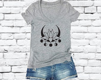 Lotus Moon Phases T-shirt Live by the Moon Print Women's V-neck T