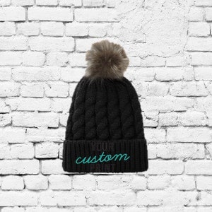 Youth Custom Pom Pom Beanies Black Cable Knit Hats Monogram Embroidery Infant Toddler Kids