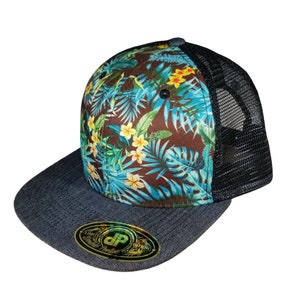 Custom Snapback Hat Black Denim Hawaiian Floral Classic Trucker Snapback Your Color Choice Custom Embroidery