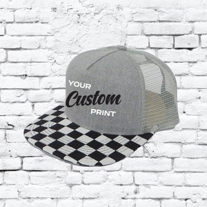 Custom Embroidery Checkerboard Trucker Hat Heather Grey and Black and White Snapback Flat Bill with Mesh Back