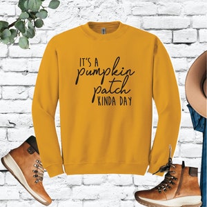Det är en pumpa-patch Kinda Day-tröja med rund halsringning och höstfärger