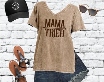 Mama Tried Women's Oversize Tie Dye Mineral Washed Short Sleeve V-Neck Top T-shirt