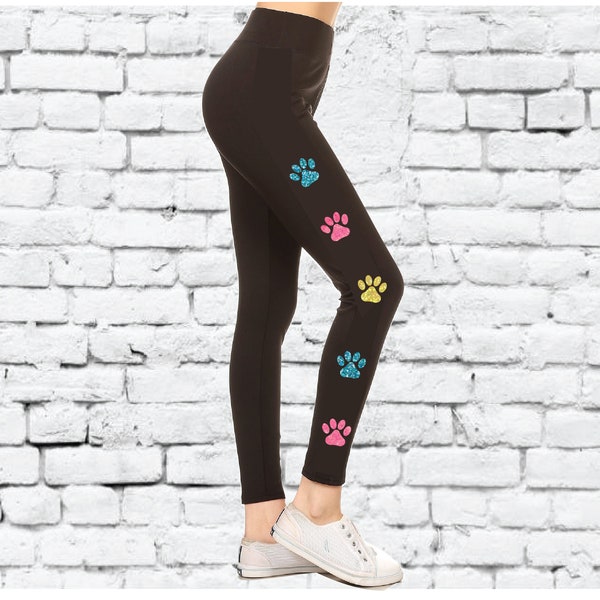 Dog Paws down the Legs Leggings Full Leg Length Pants Black Legging Womens Tights Retail Fit