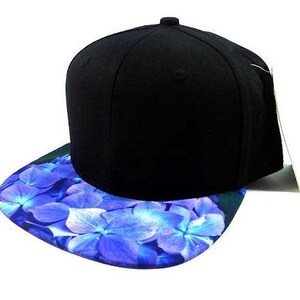 Custom Embroidery Floral Snapback Blue Hydrangea Flower Brim Floral Hat Black Cap with Multicolor Brim Blue and Purple Flower
