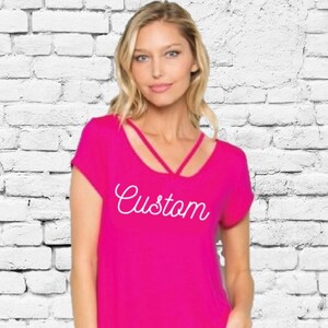 Custom Flowy Oversize Shirt Pink Top V Strap Scoop Neck T-shirt Criss Cross Neck Line