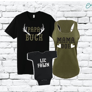 Papa Buck Mama Doe Lil Fawn Deer Family Hunting Stag Graphic Tee T-shirt for New Baby Shower Gift