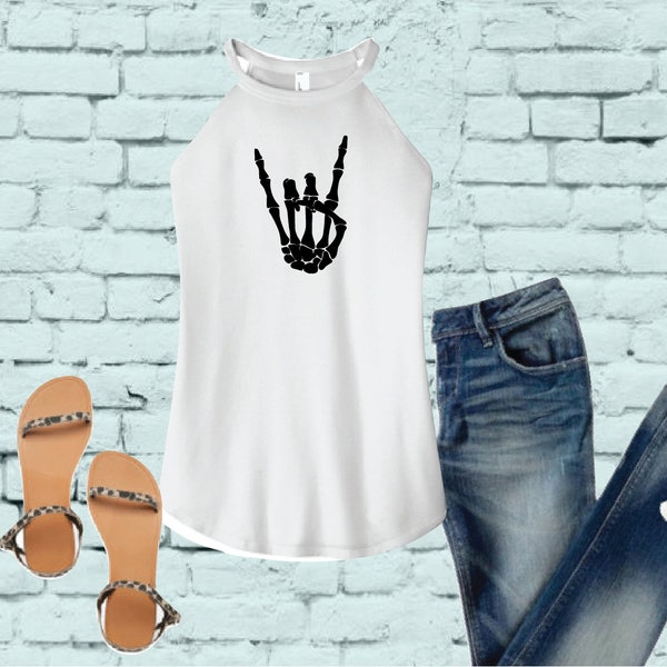 Skull Hands Rock on Tank Top Rocker Shirt Women's High Neck Cut Graphic Tee