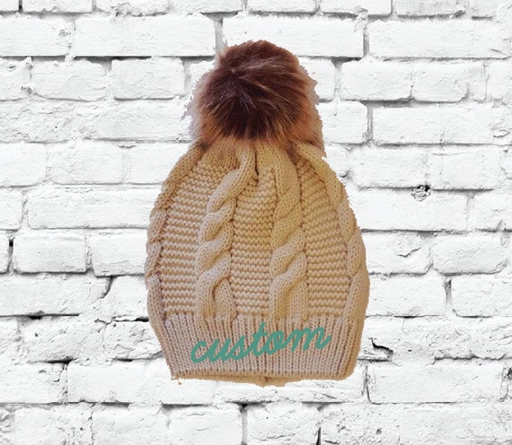New Custom Designed Tan Pom Beanie with Gold Rose. C.C® Cable-Knit Tan Pom Beanie - Unisex Winter Hat - Truly  main image 3