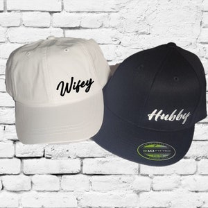 Hubby & Wifey Baseball Hat Husband and Wife Unstructured Dad Hat Strap back Cap Fitted Flexfit 6210
