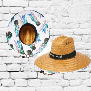 Custom Embroidered Straw Sun Hats Lifeguard Pineapple Floral Print Underbrim Print Hat